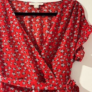 Monteau Sz M Red White Blue Floral Wrap Tie Short Sleeve Spring Summer Dress EUC
